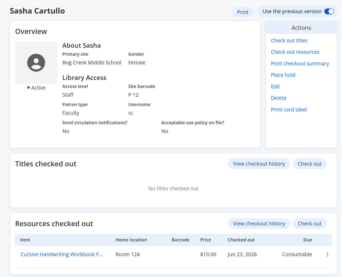 Patron Details page showing checked out consumable.